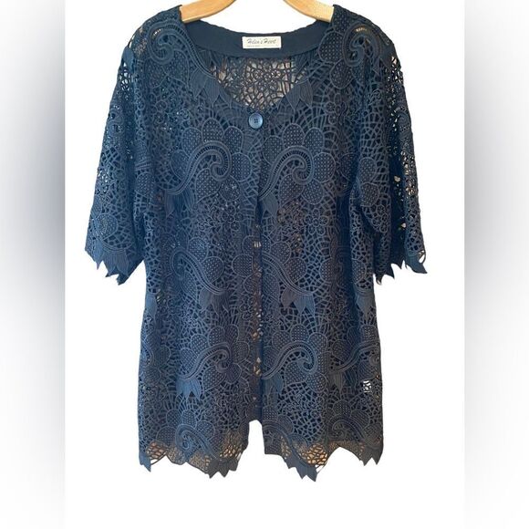 Helen’s Heart L Black Crochet Sheer Lace Flared Sleeve 1 Button Classic Jacket - Picture 1 of 8
